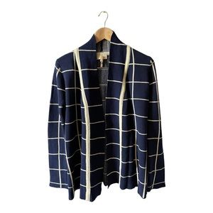 MODCLOTH Simply Snuggly Navy Blue Windowpane Print Cardigan Sweater Size Small